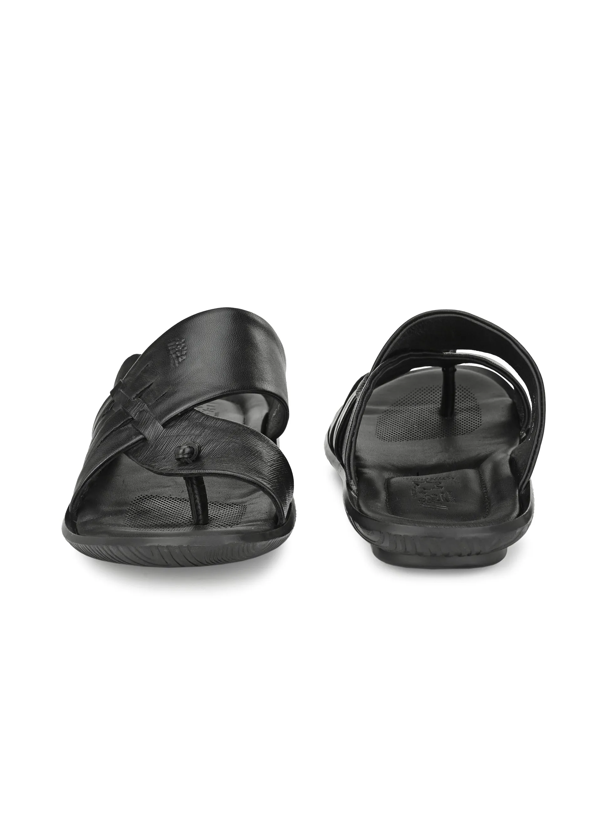Hitz Men's Black Leather Toe Ring Comfort Slippers