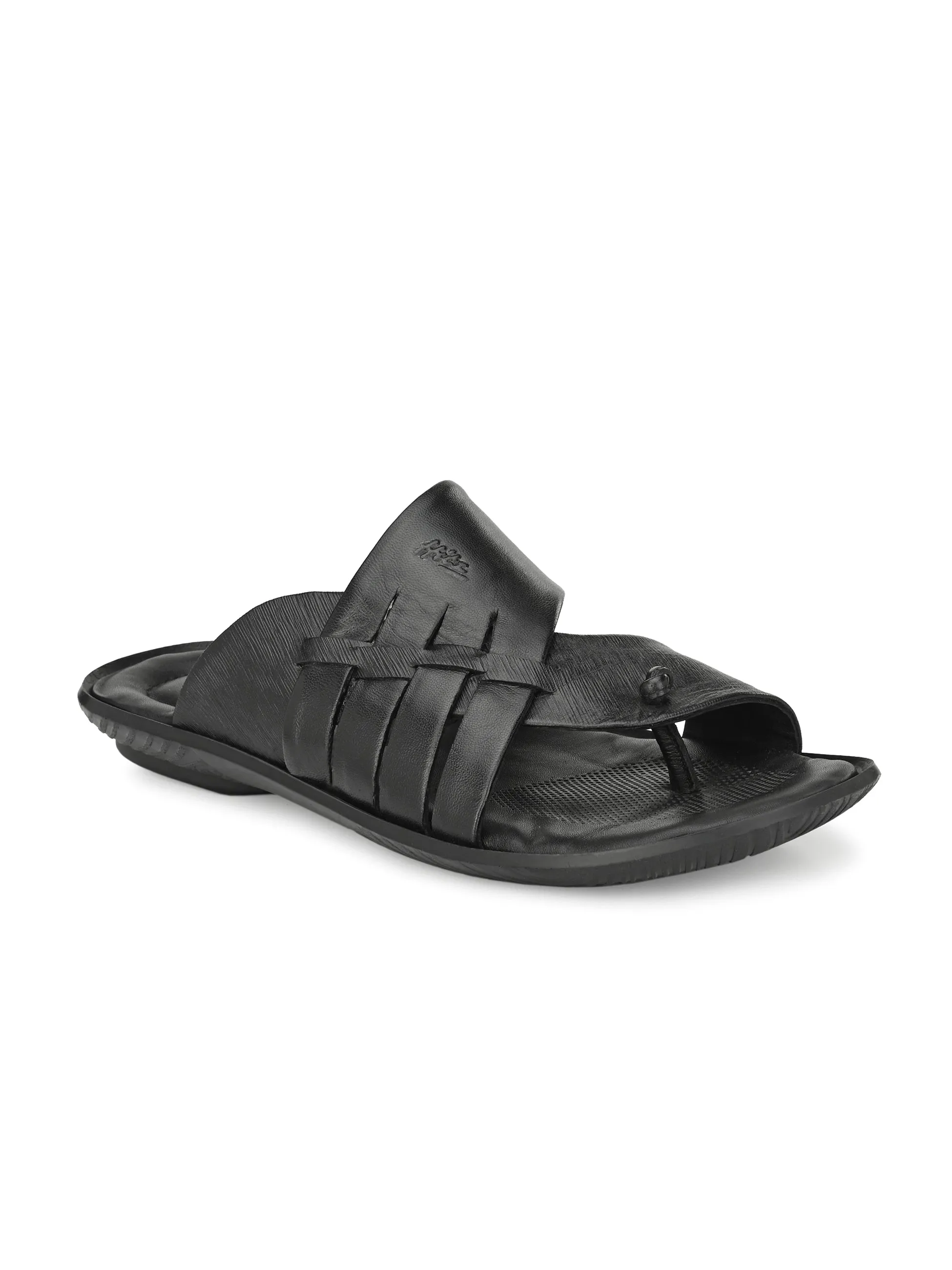Hitz Men's Black Leather Toe Ring Comfort Slippers