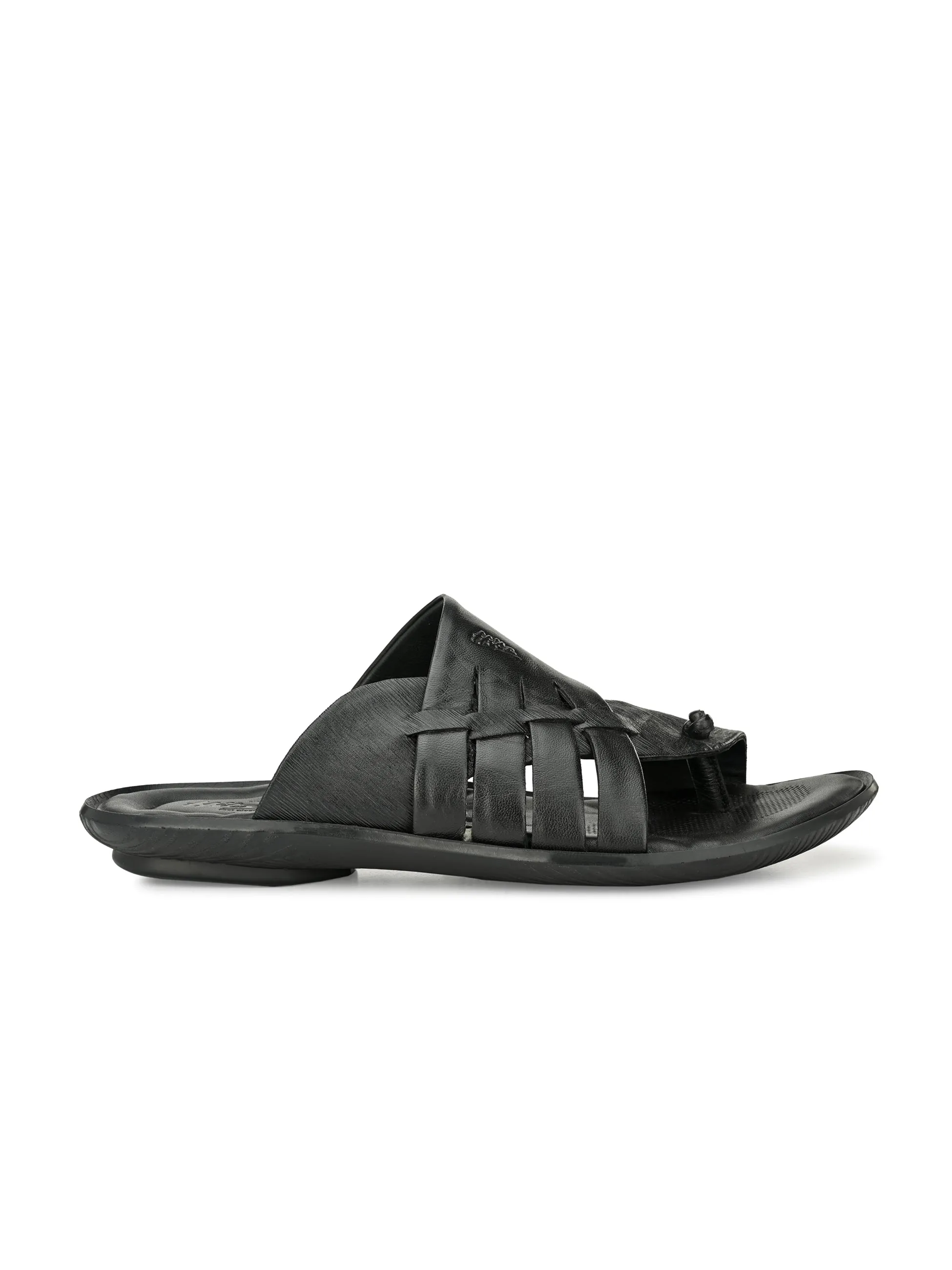 Hitz Men's Black Leather Toe Ring Comfort Slippers