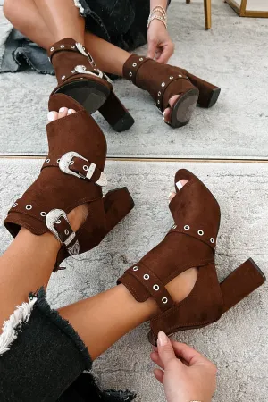 Hugo Open Toe Western Buckle Ankle Booties (Brown)