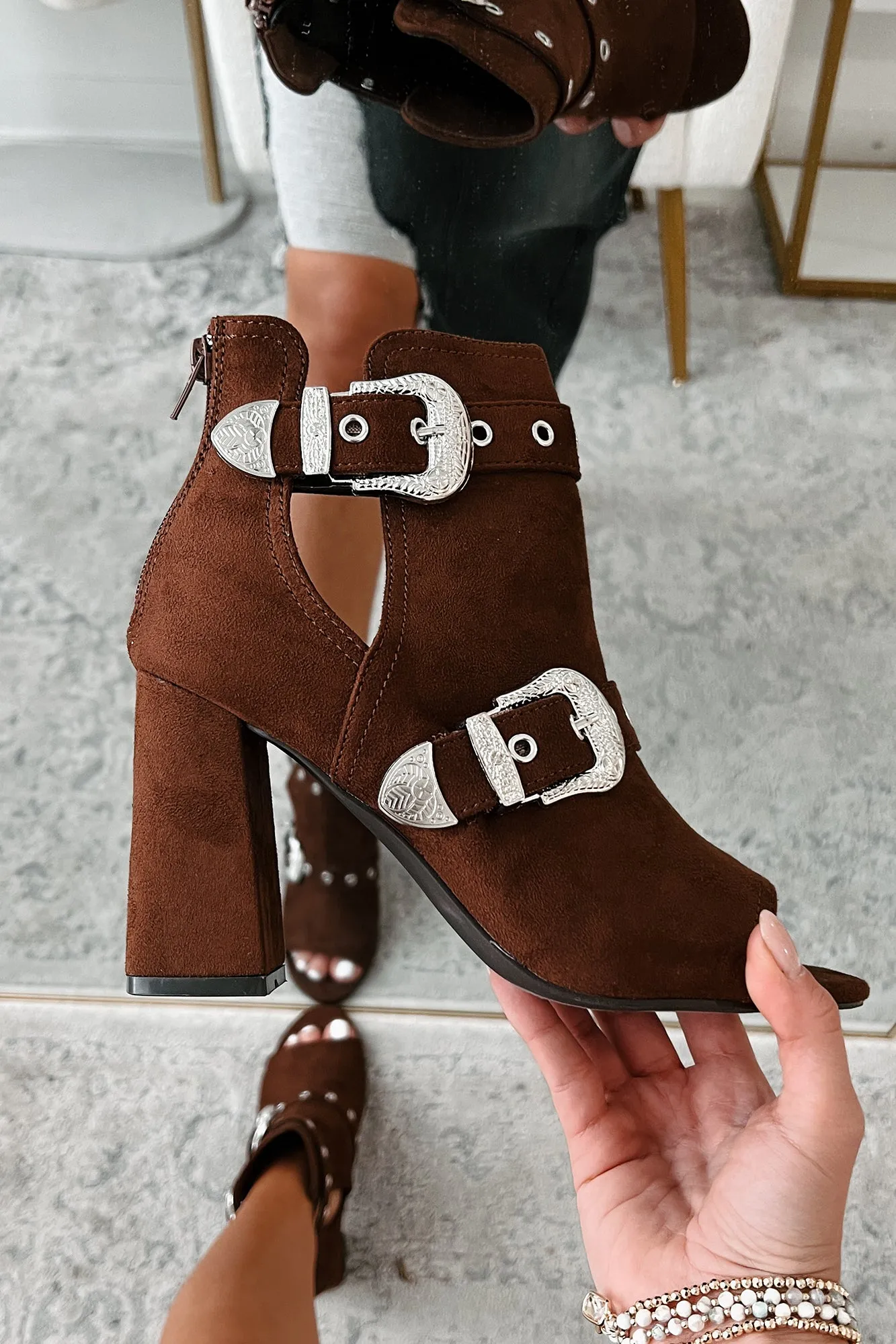 Hugo Open Toe Western Buckle Ankle Booties (Brown)