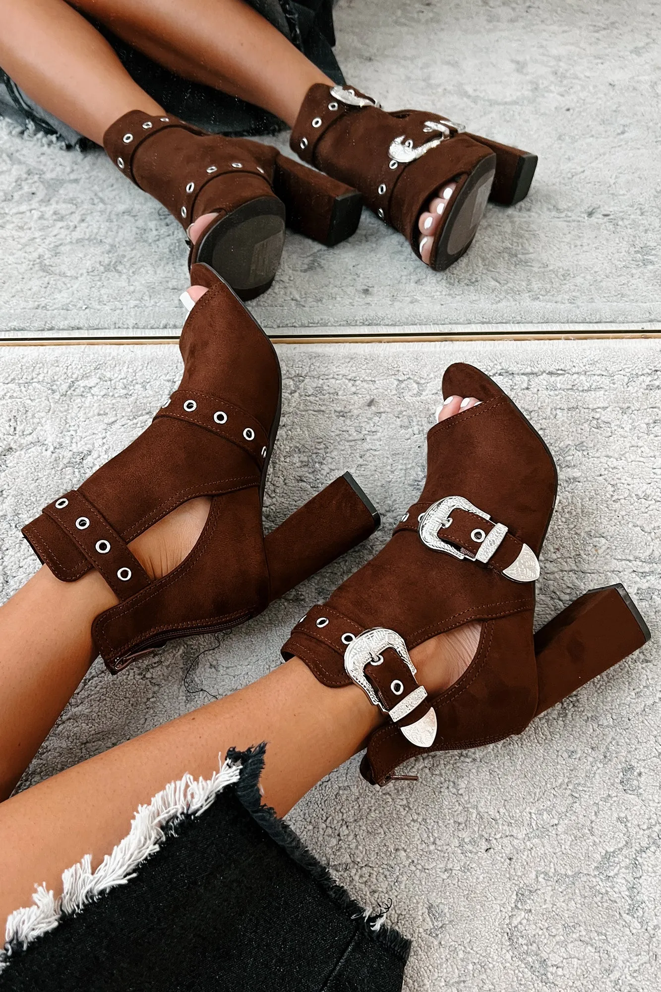 Hugo Open Toe Western Buckle Ankle Booties (Brown)