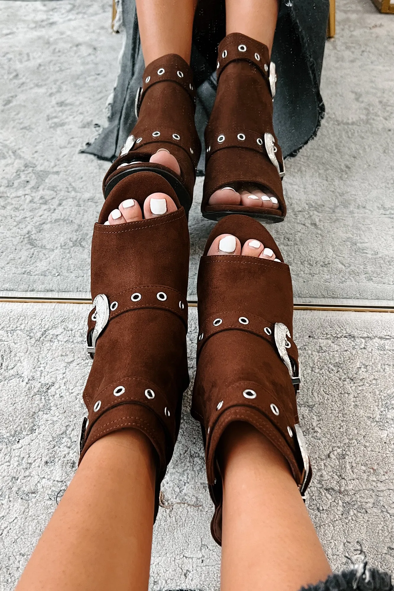 Hugo Open Toe Western Buckle Ankle Booties (Brown)