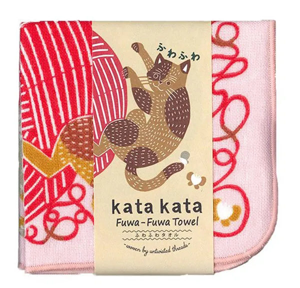 Kata Kata  soft towel 100% cotton - Neko to Keito (Cat)  Pink ネコと毛糸 ピンク  25 x 25 cm