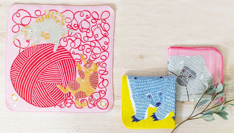 Kata Kata  soft towel 100% cotton - Neko to Keito (Cat)  Pink ネコと毛糸 ピンク  25 x 25 cm