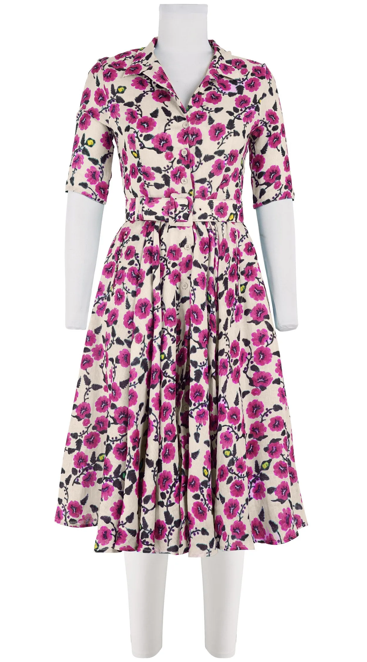 Laurent Dress Shirt Collar 1/2 Sleeve Long Length Linen (Azalea Flower Small)