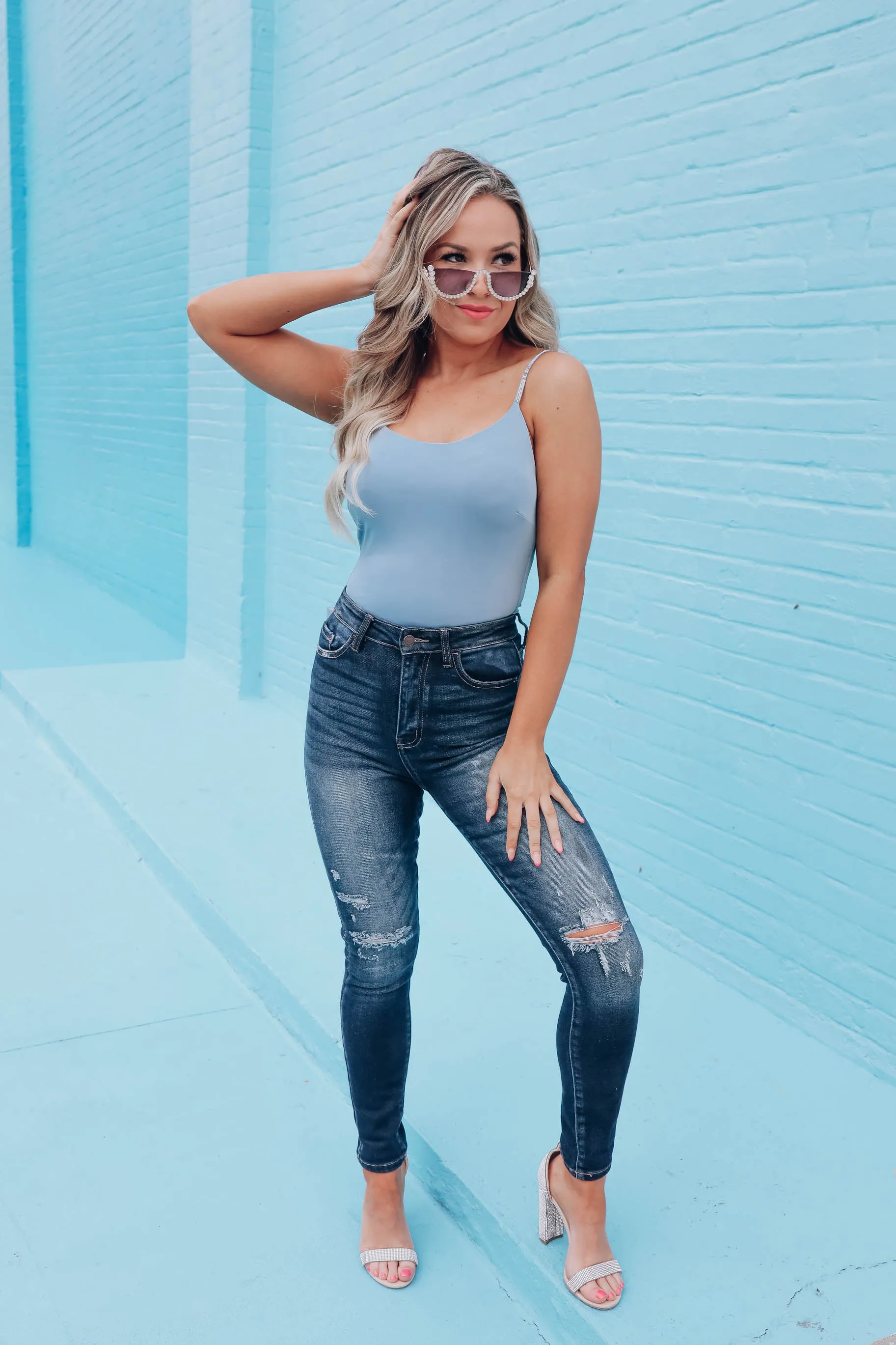 Lavish Rhinestone Strap Bodysuit - Dusty Blue