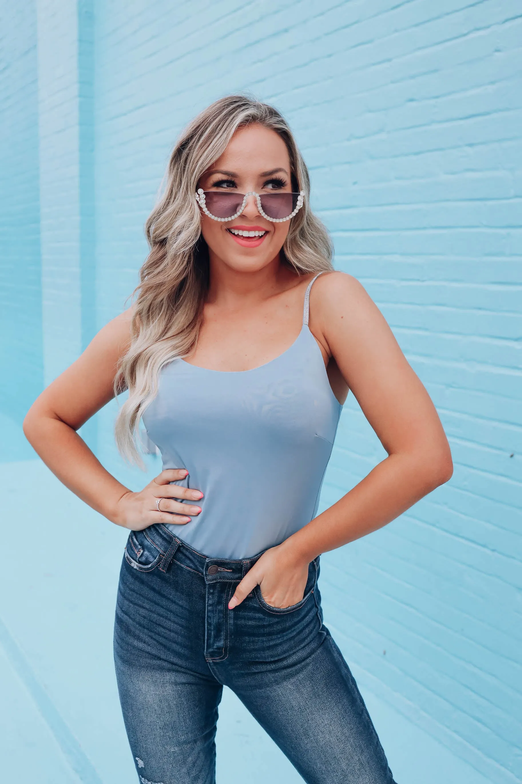 Lavish Rhinestone Strap Bodysuit - Dusty Blue