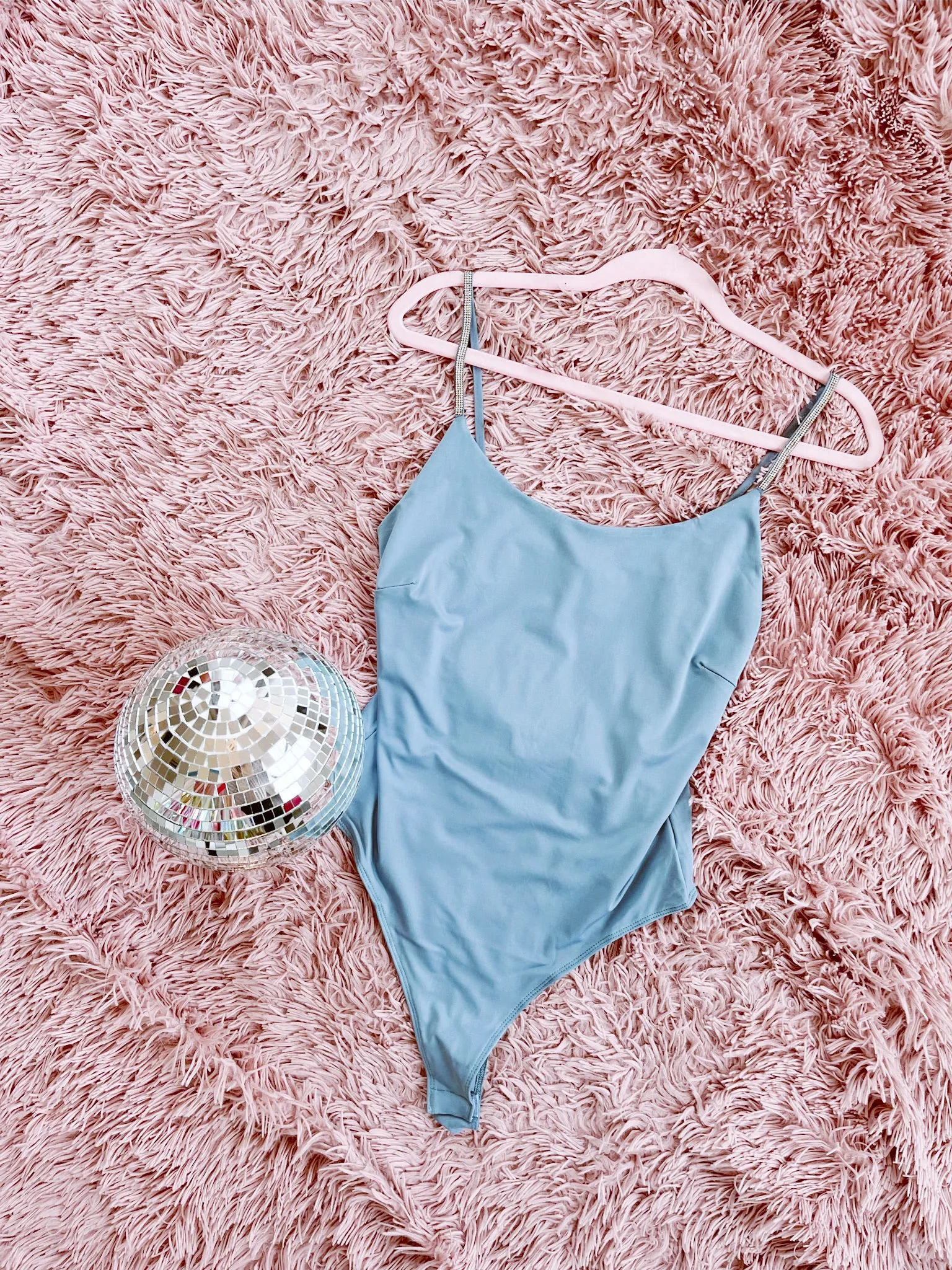 Lavish Rhinestone Strap Bodysuit - Dusty Blue