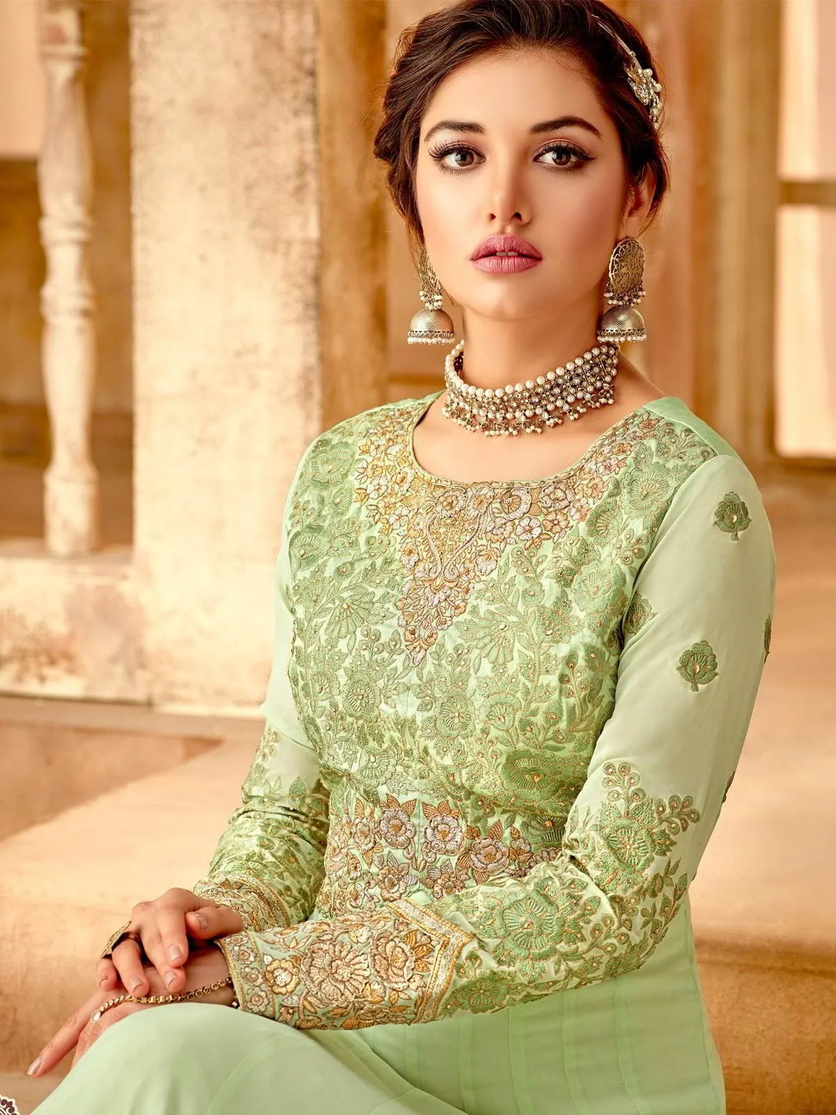 Light Green And Gold Ethnic Style Flared Anarkali Suit