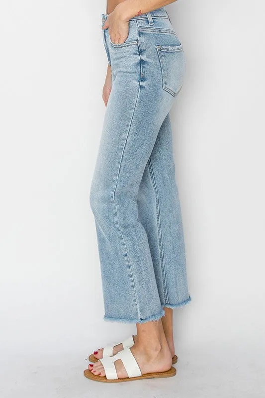 Light Wash High Rise Crop Straight Jeans - Risen Jeans