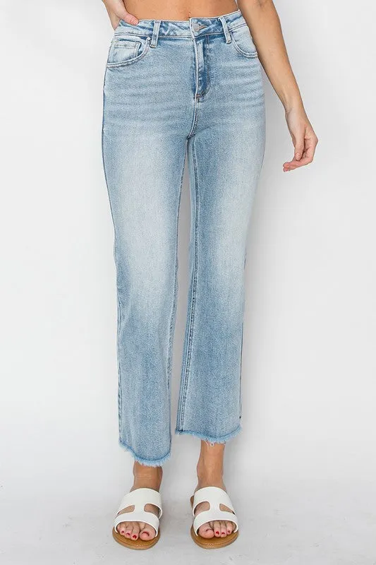 Light Wash High Rise Crop Straight Jeans - Risen Jeans
