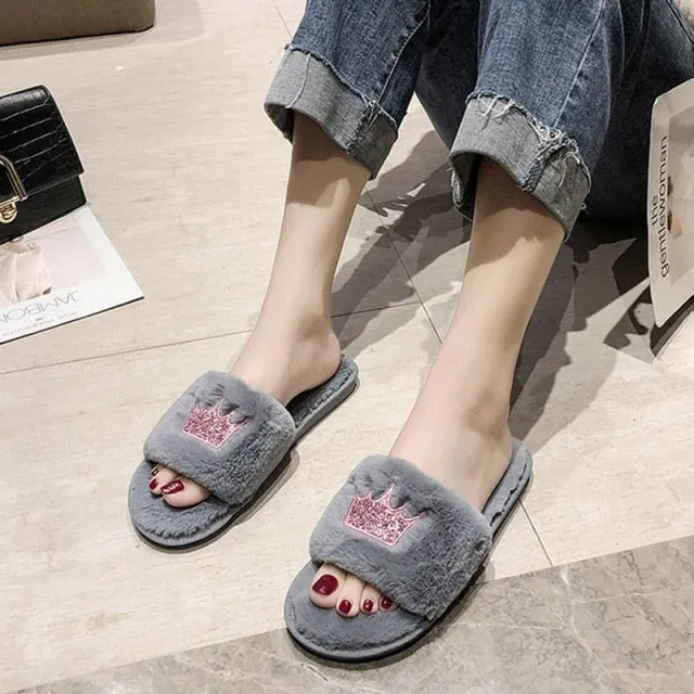 Luxury Fur Rhinestone Slippers for Women