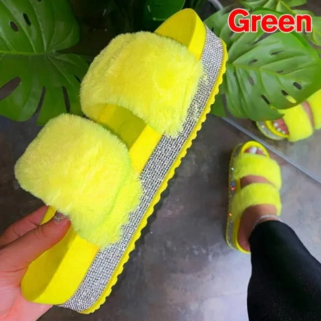 Luxury Fur Rhinestone Slippers for Women
