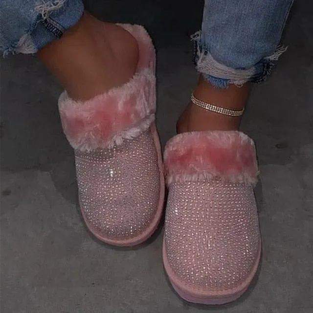 Luxury Fur Rhinestone Slippers for Women
