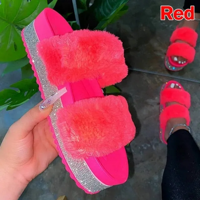 Luxury Fur Rhinestone Slippers for Women