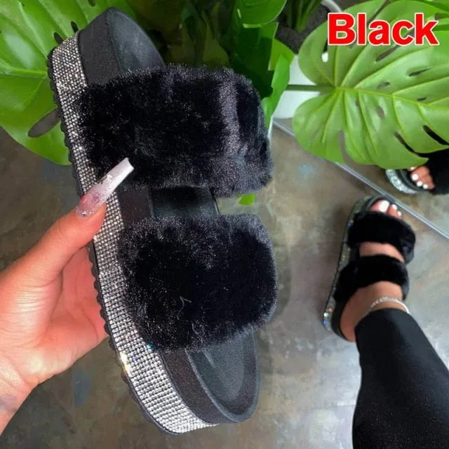 Luxury Fur Rhinestone Slippers for Women