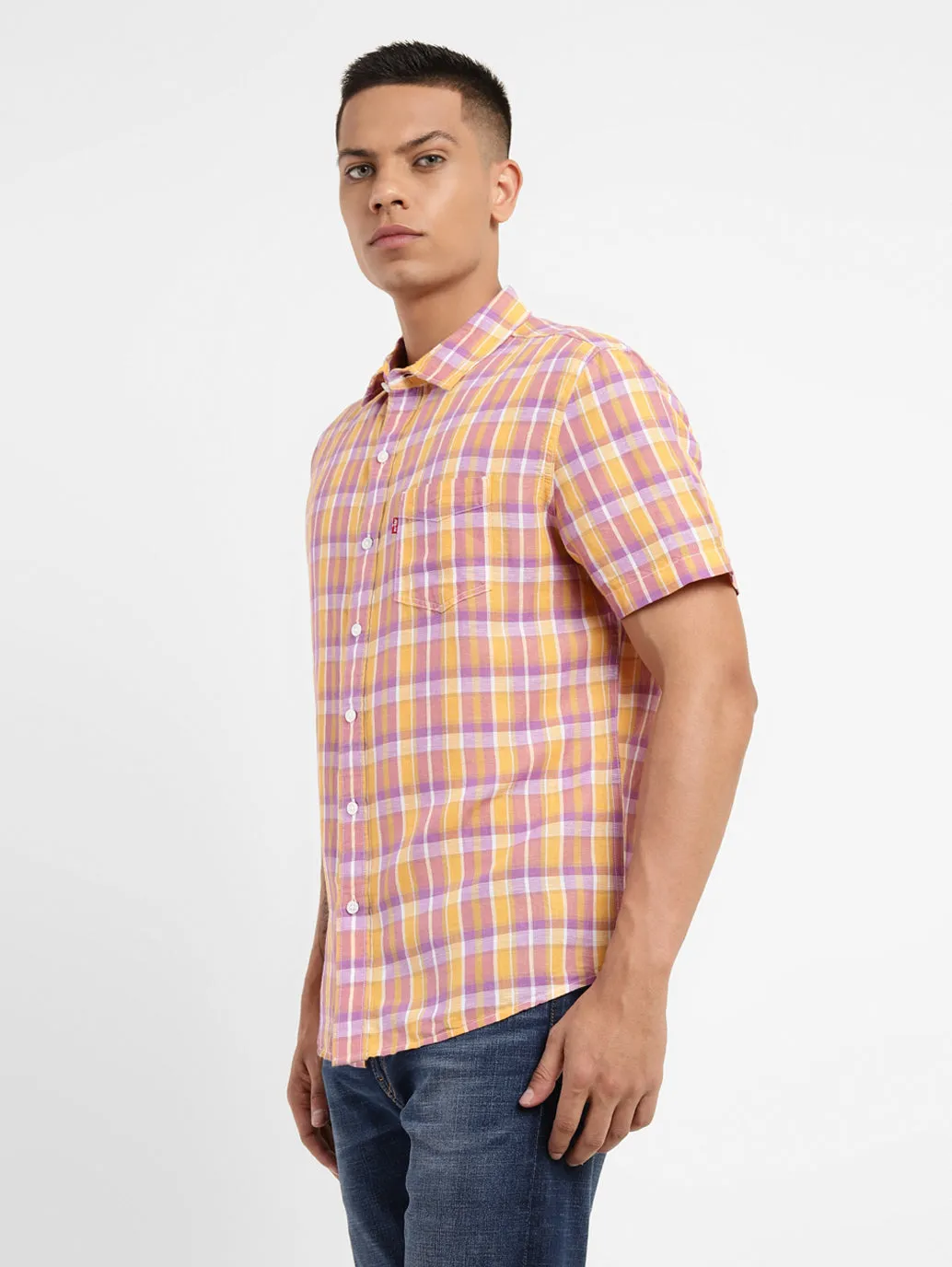 Men's Checkered Spread Collar Linen Shirt