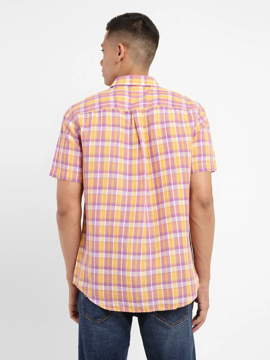 Men's Checkered Spread Collar Linen Shirt