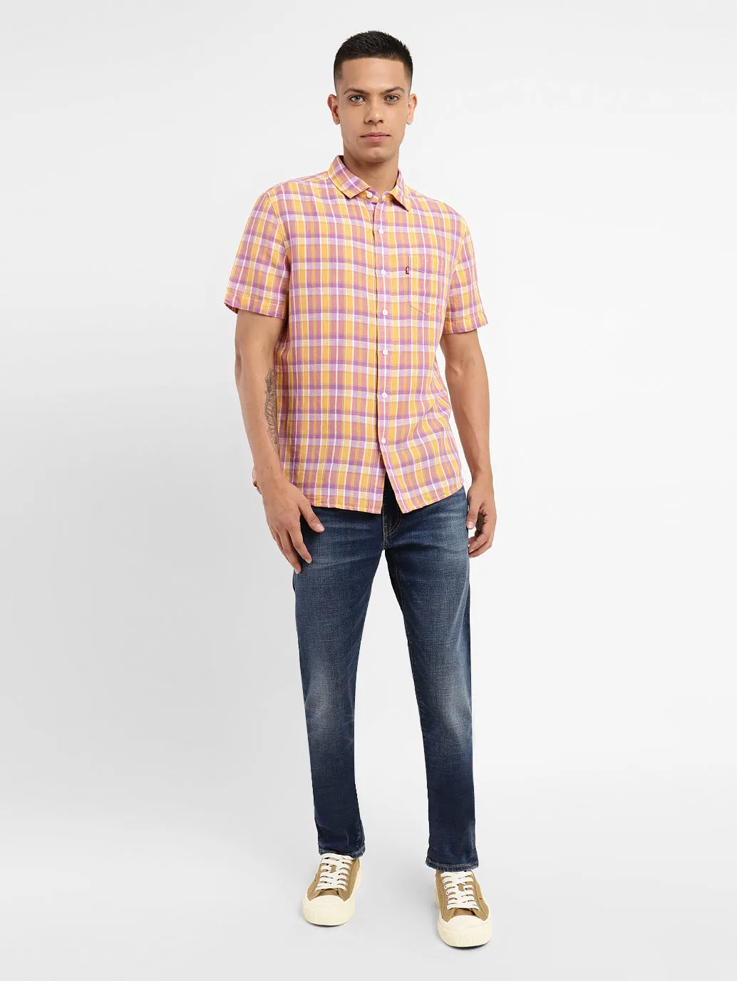 Men's Checkered Spread Collar Linen Shirt