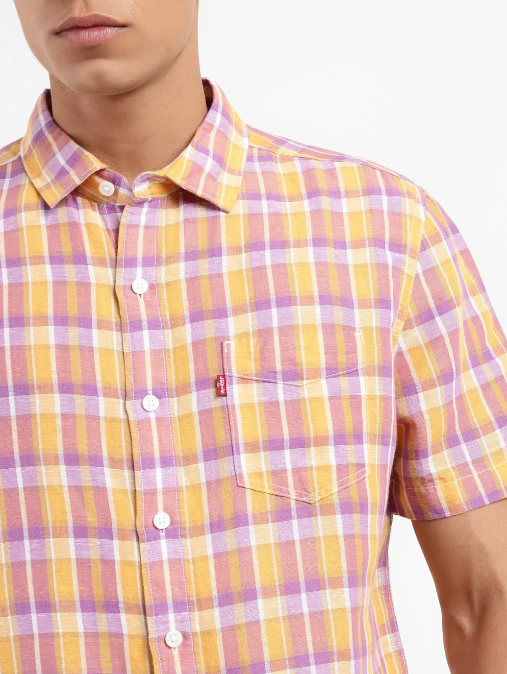 Men's Checkered Spread Collar Linen Shirt