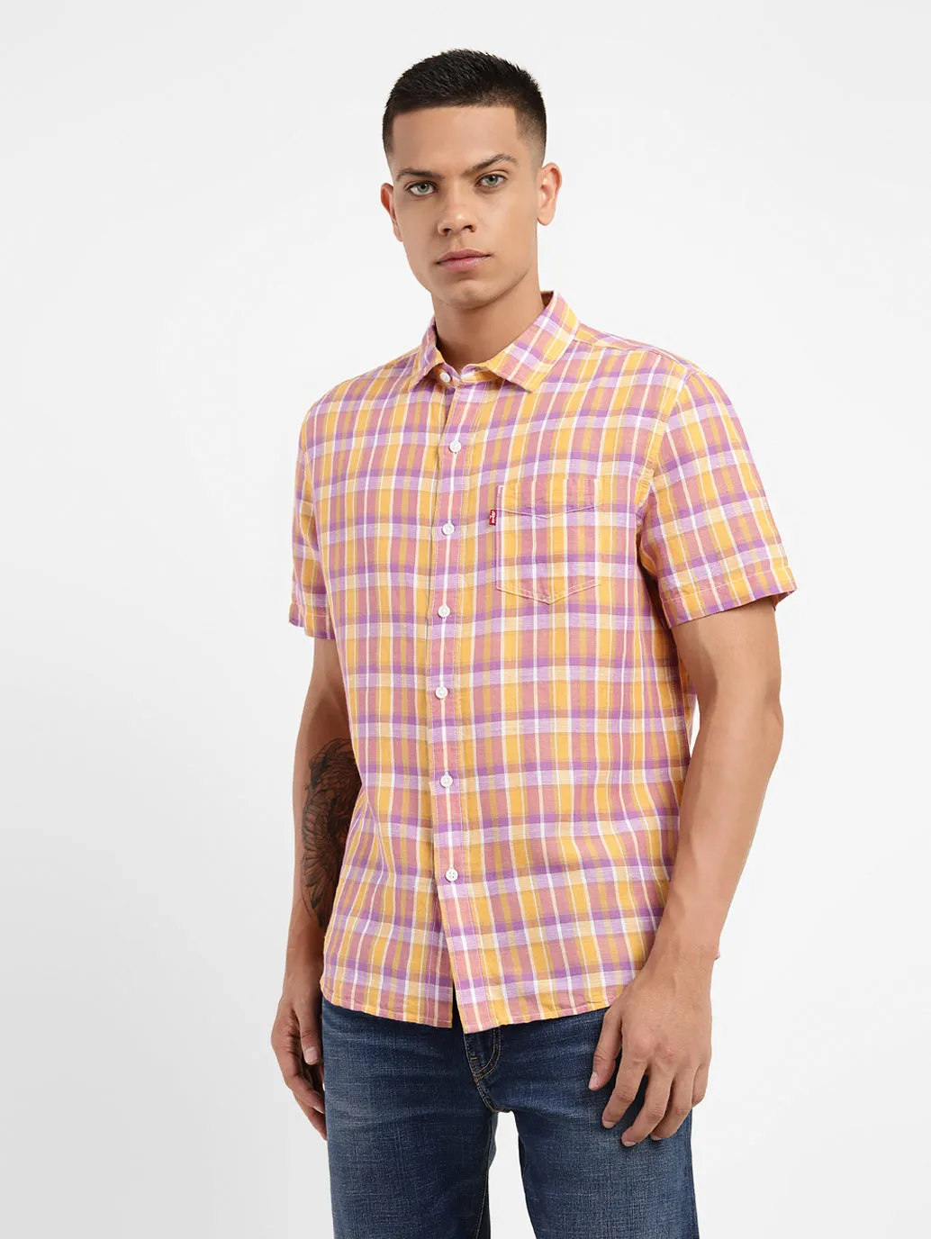 Men's Checkered Spread Collar Linen Shirt