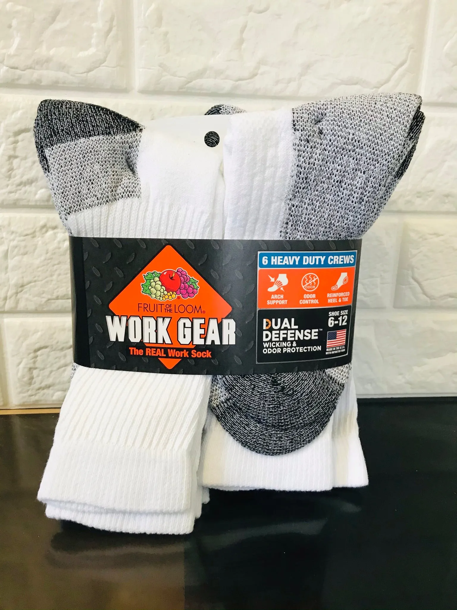 New Fruit of the Loom mens Cotton Work Gear Crew Socks | Cushioned, Wicking, Durable | 6 Pack, Shoe size 6-12!