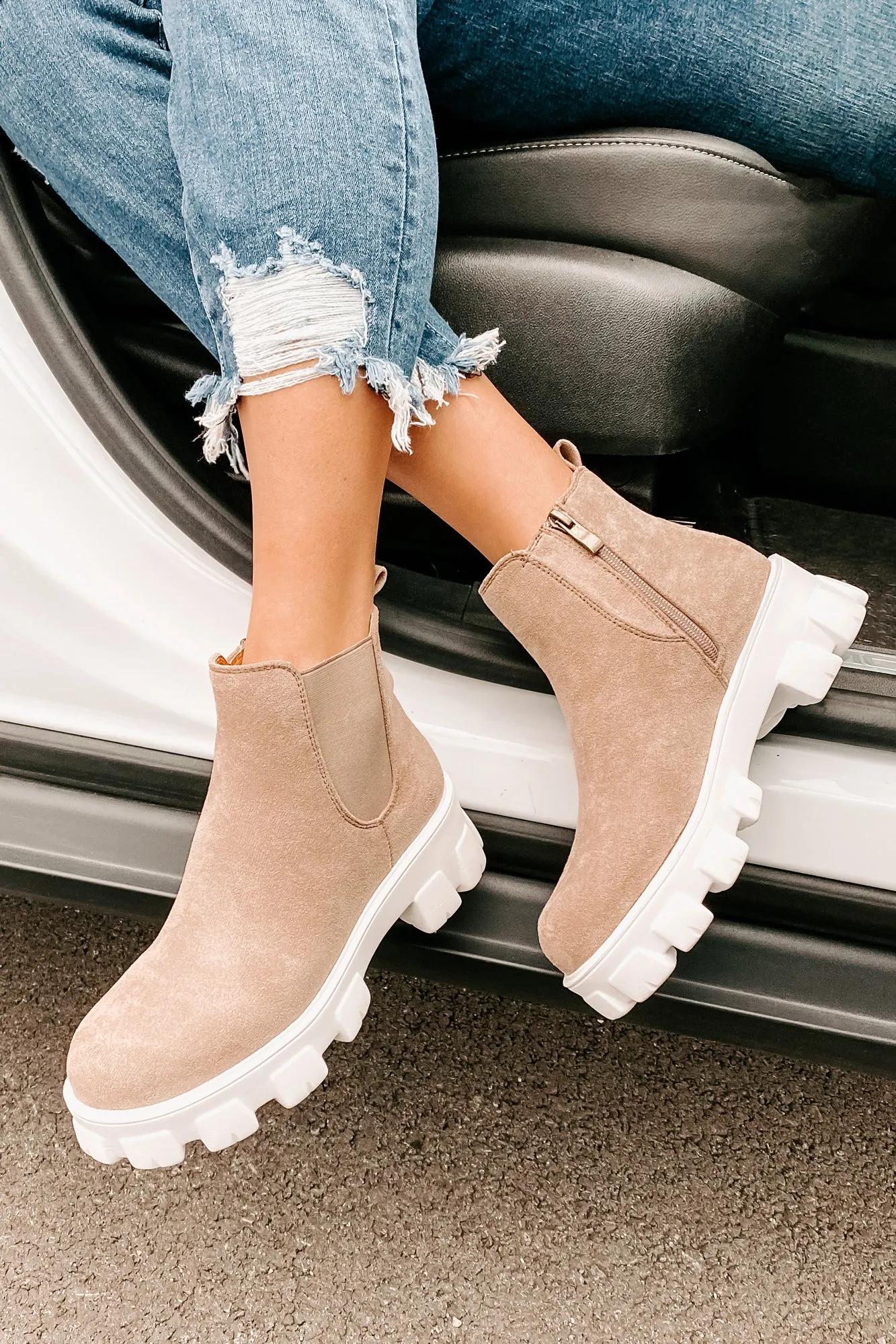 New Paths Faux Suede Chunky Sole Booties (Taupe)