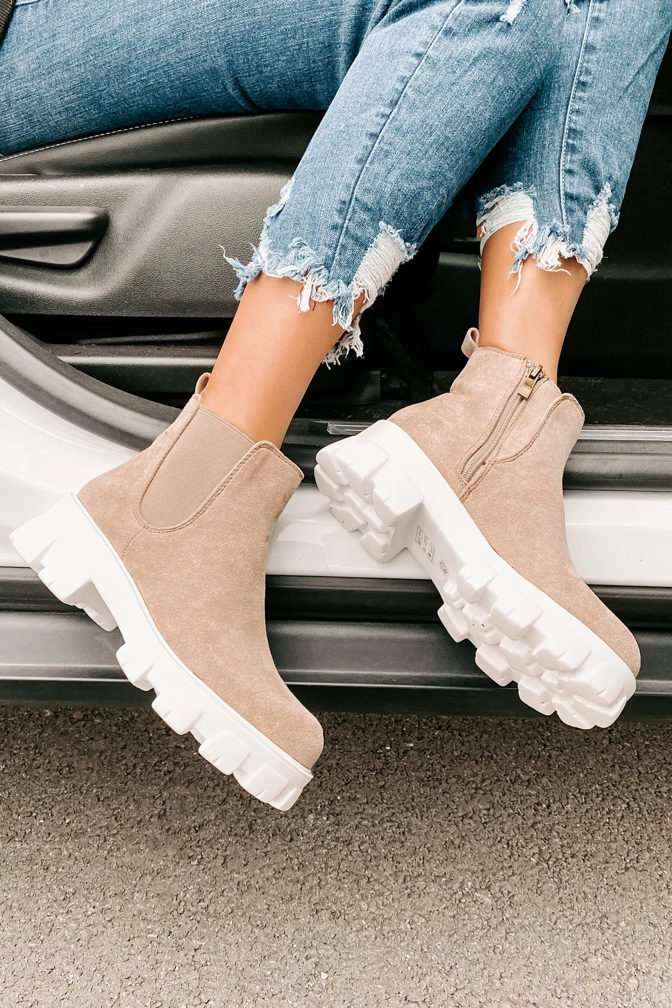 New Paths Faux Suede Chunky Sole Booties (Taupe)