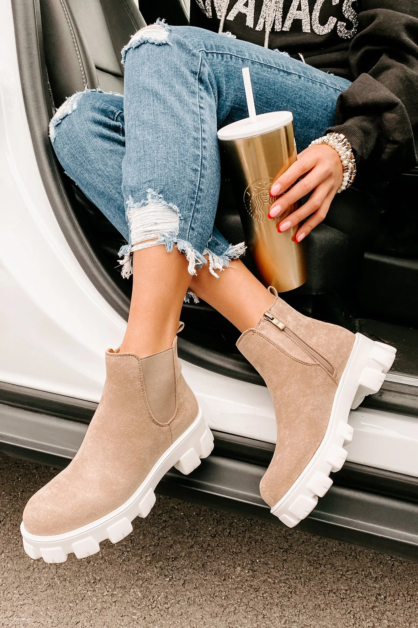 New Paths Faux Suede Chunky Sole Booties (Taupe)