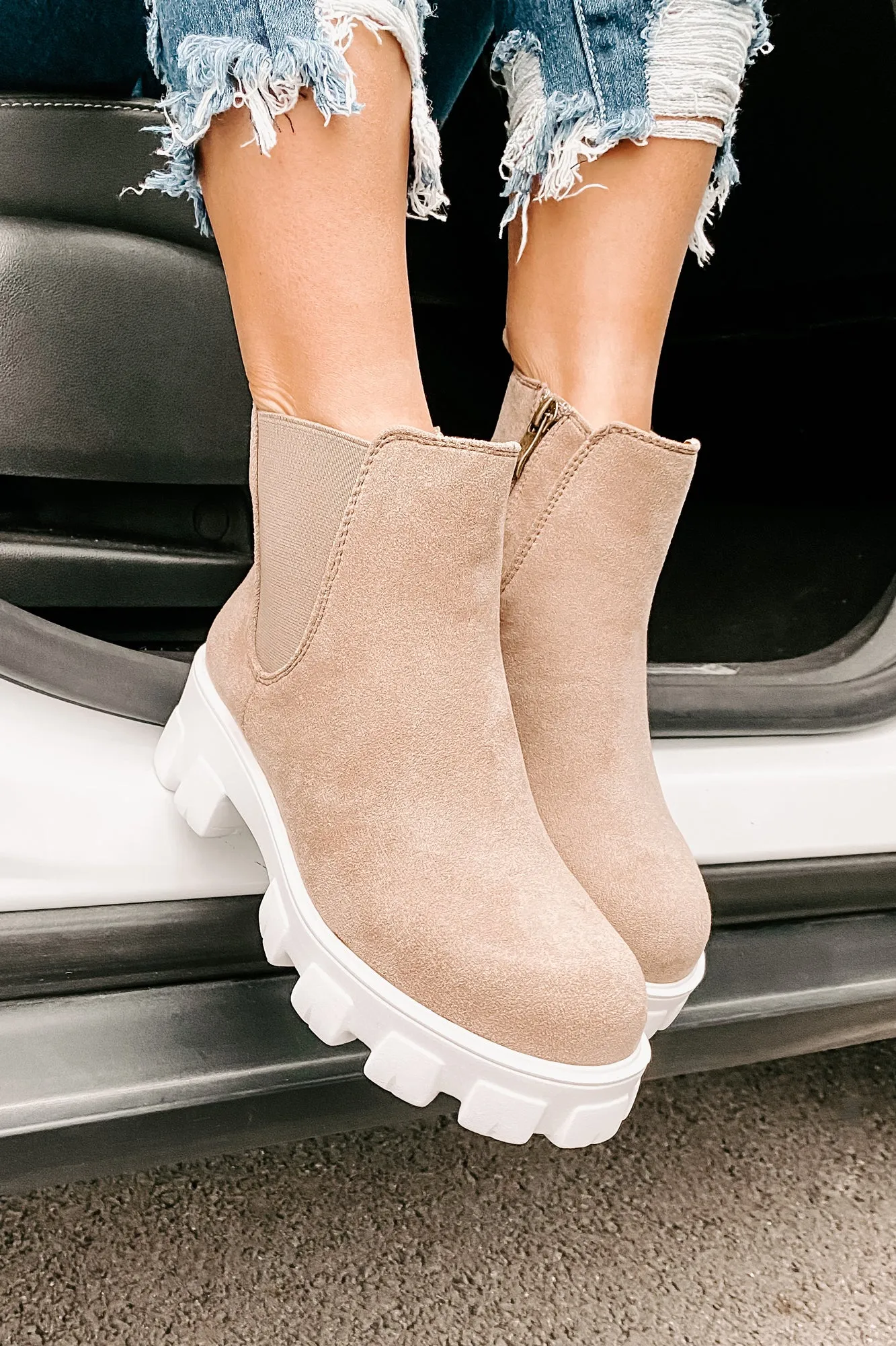 New Paths Faux Suede Chunky Sole Booties (Taupe)