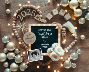 New Years Digital Baby Announcement - Gold Ornaments Heart - Countdown