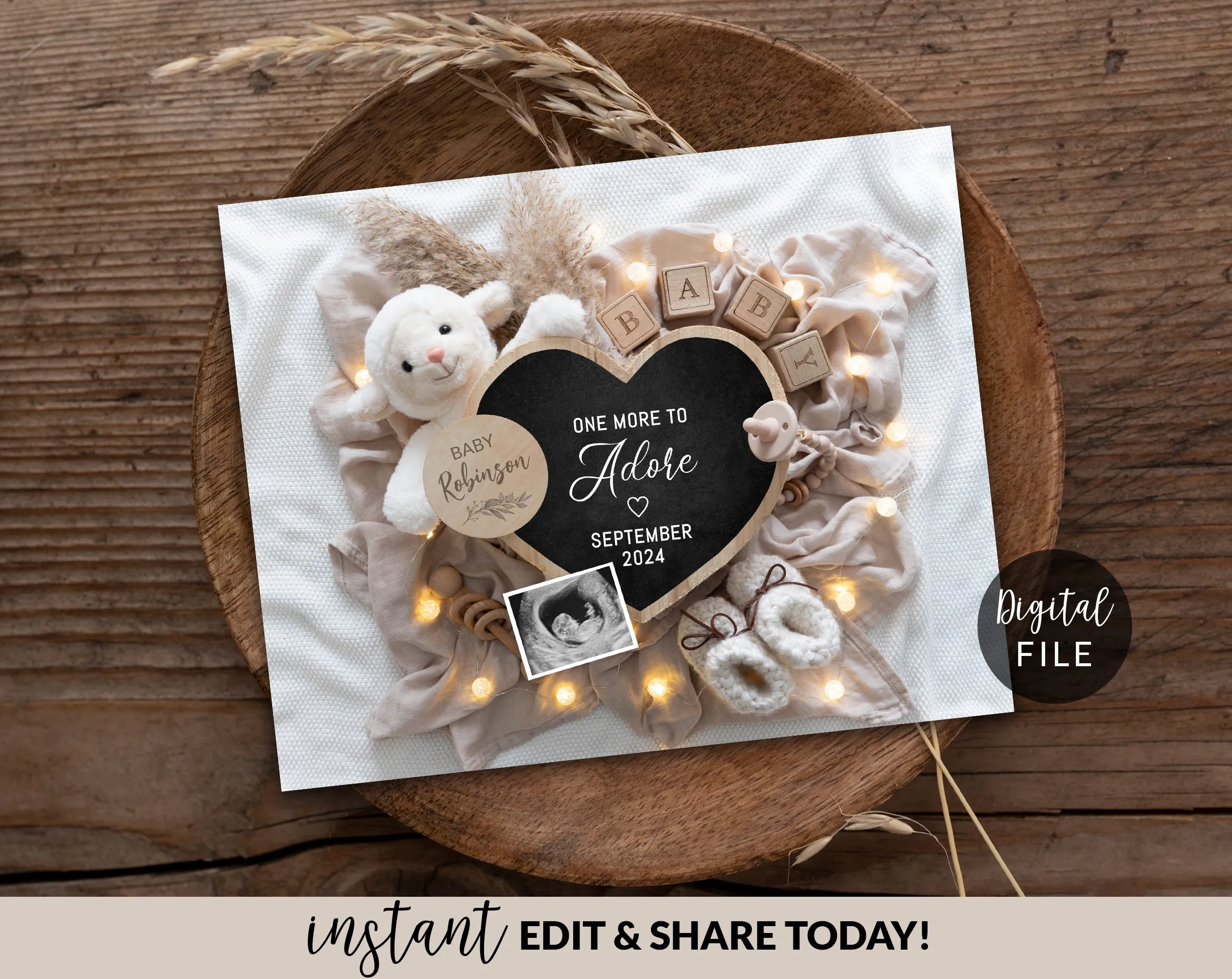 New Years Digital Baby Announcement - Gold Ornaments Heart - Countdown