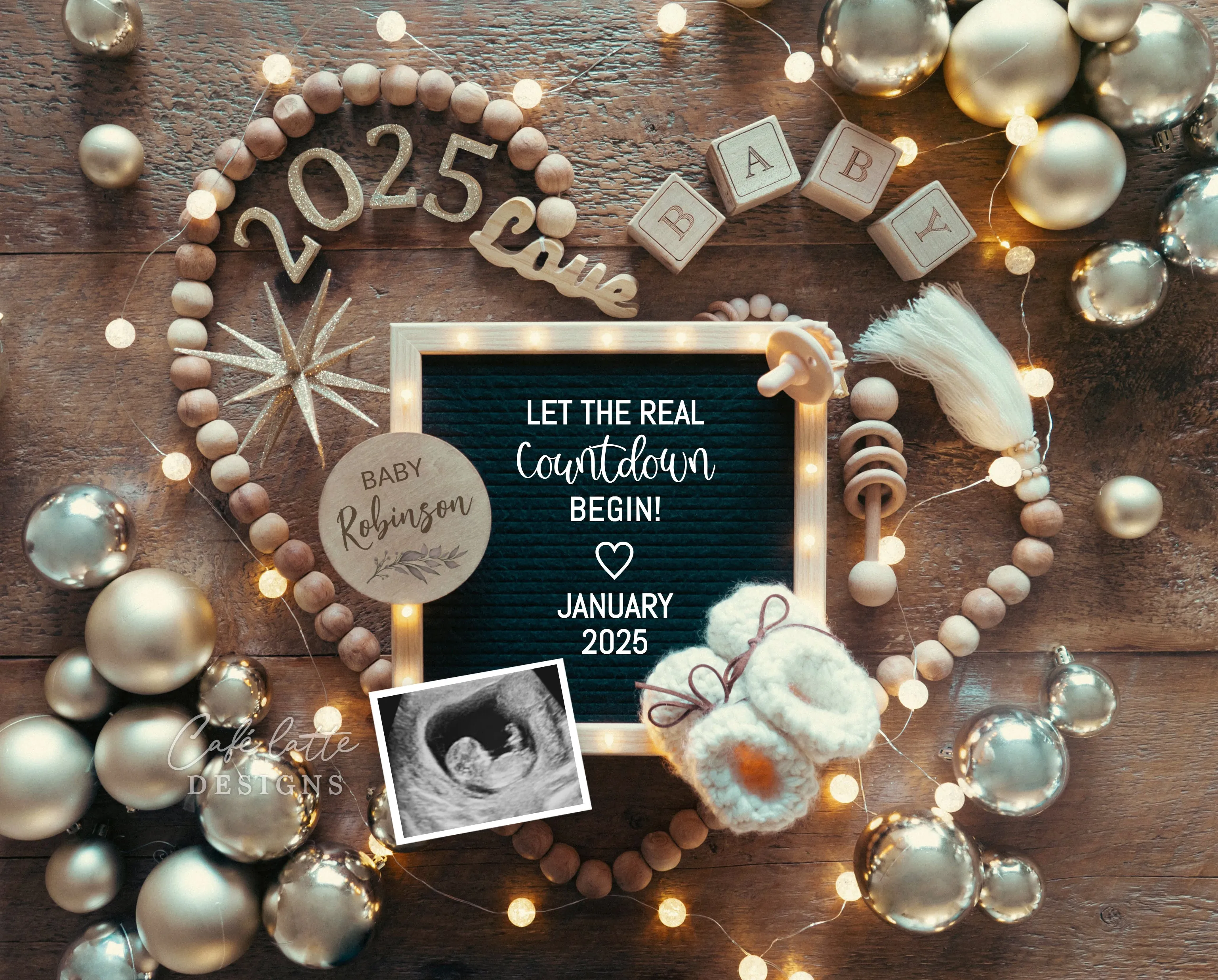 New Years Digital Baby Announcement - Gold Ornaments Heart - Countdown