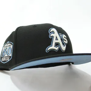Oakland Athletics 50th Anniversary New Era 59Fifty Fitted Hat (Glow in the Dark Black Sky Blue Under Brim)