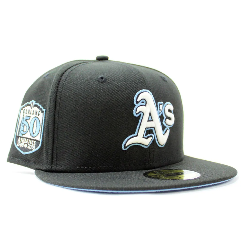 Oakland Athletics 50th Anniversary New Era 59Fifty Fitted Hat (Glow in the Dark Black Sky Blue Under Brim)