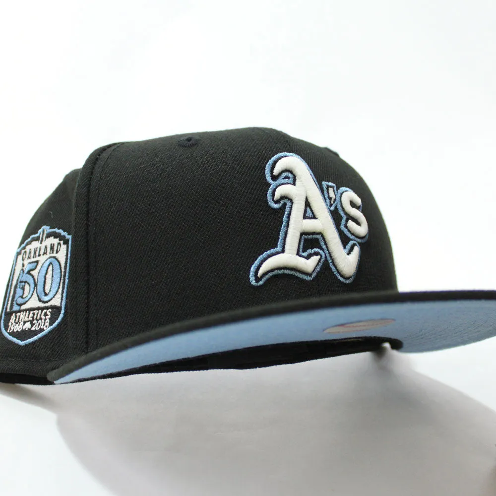 Oakland Athletics 50th Anniversary New Era 59Fifty Fitted Hat (Glow in the Dark Black Sky Blue Under Brim)