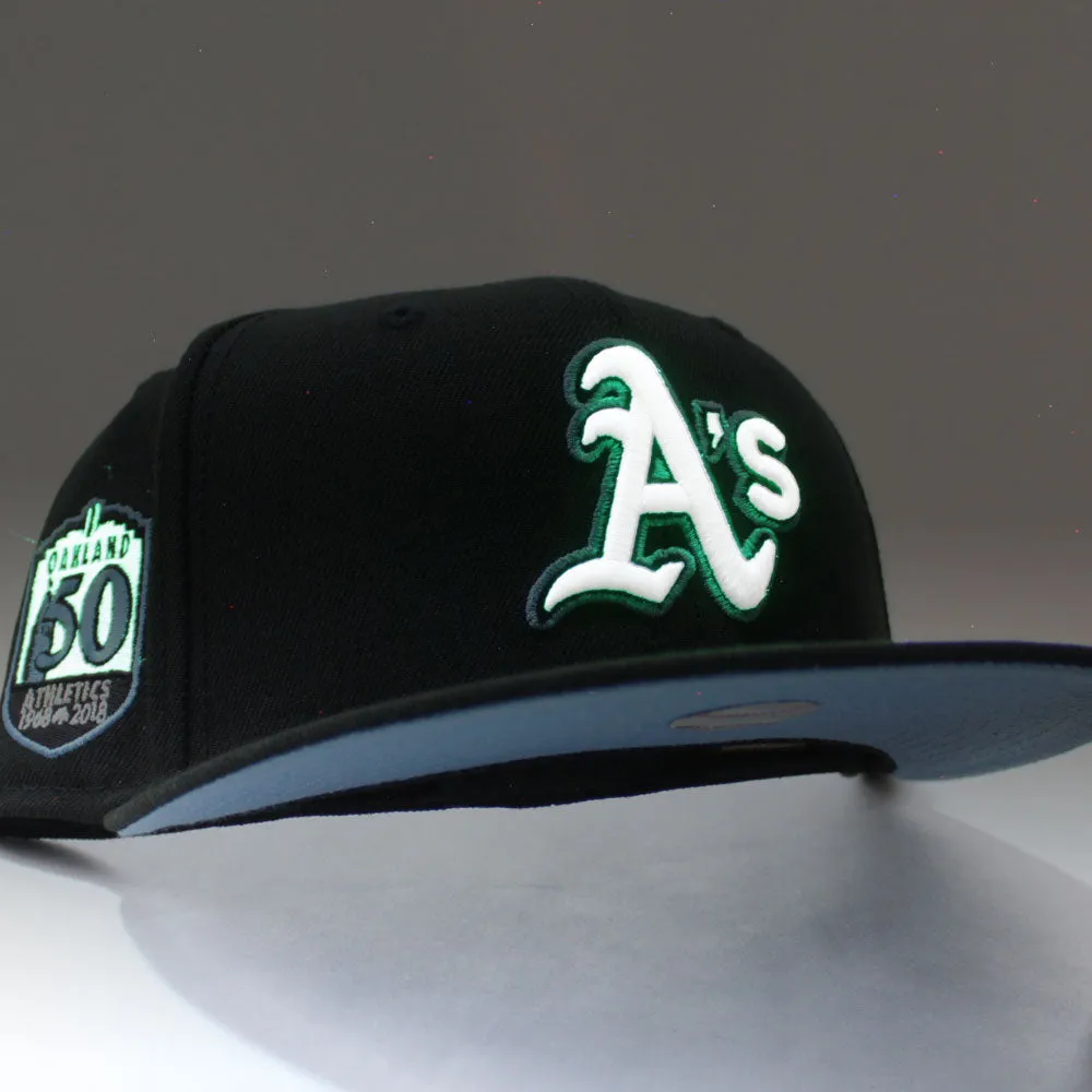 Oakland Athletics 50th Anniversary New Era 59Fifty Fitted Hat (Glow in the Dark Black Sky Blue Under Brim)