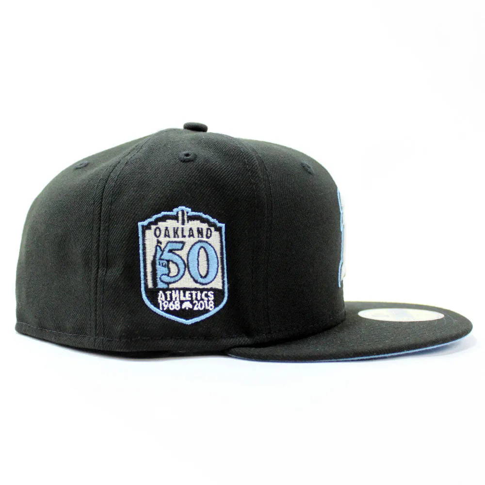 Oakland Athletics 50th Anniversary New Era 59Fifty Fitted Hat (Glow in the Dark Black Sky Blue Under Brim)