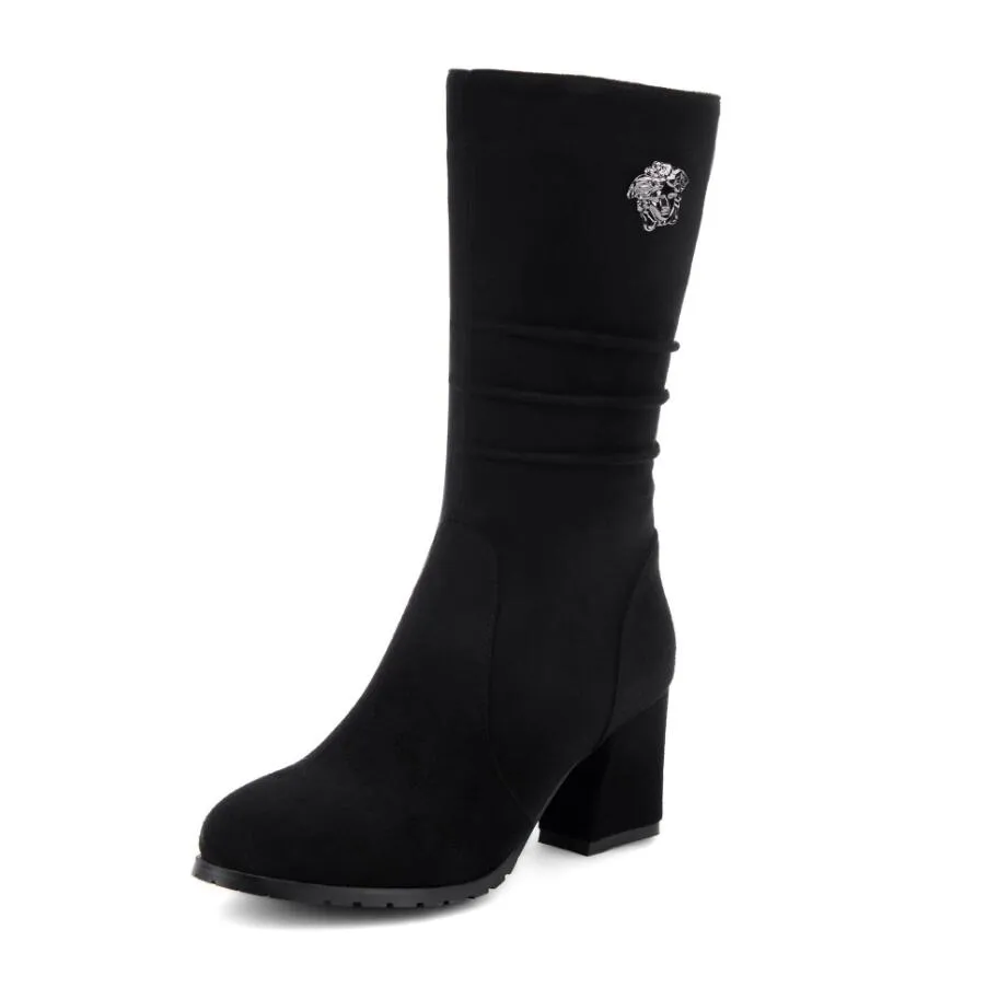 Petite Mid Calf Chunky Heel Round Toe Boots GS202