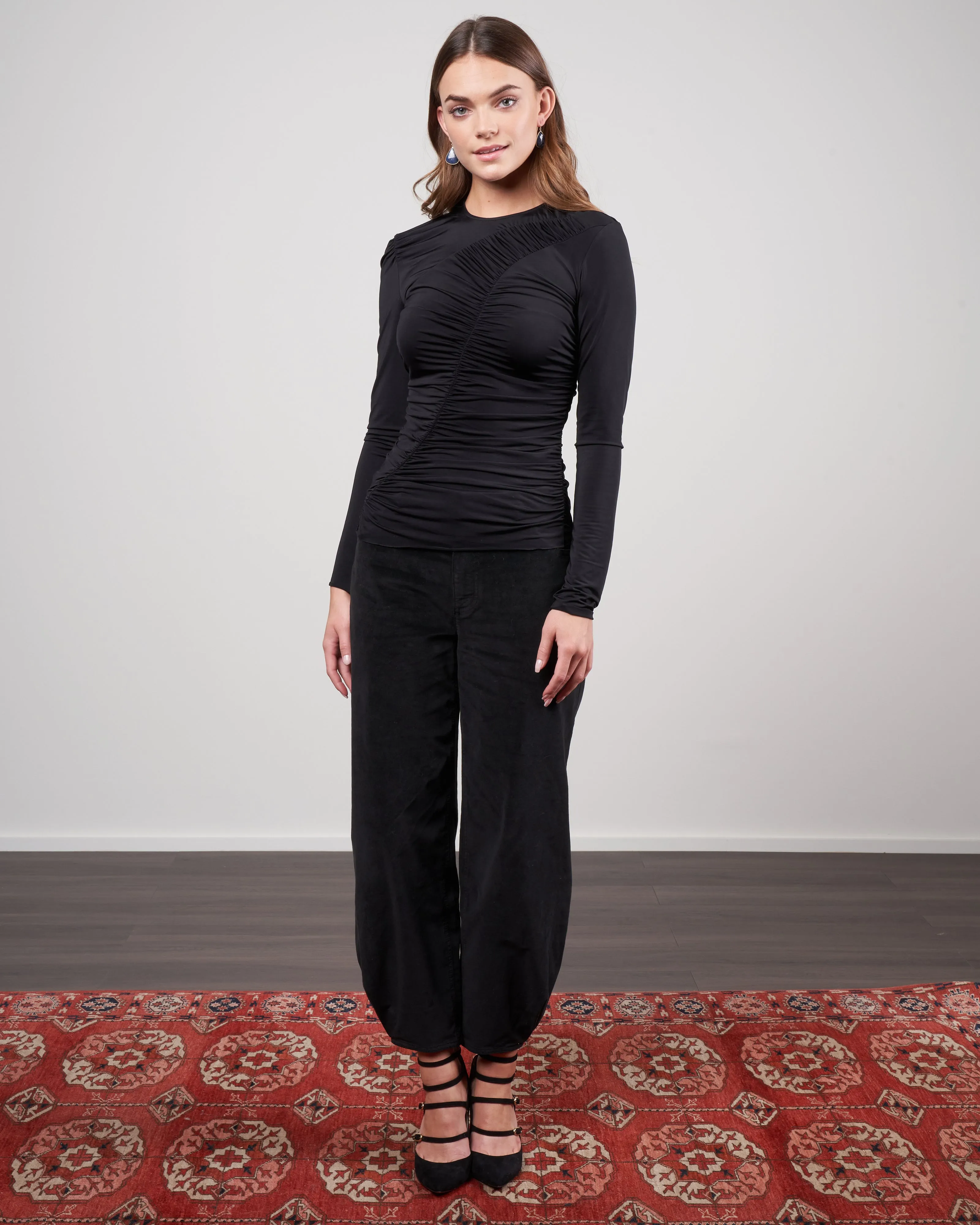 ruched jersey crewneck top - black