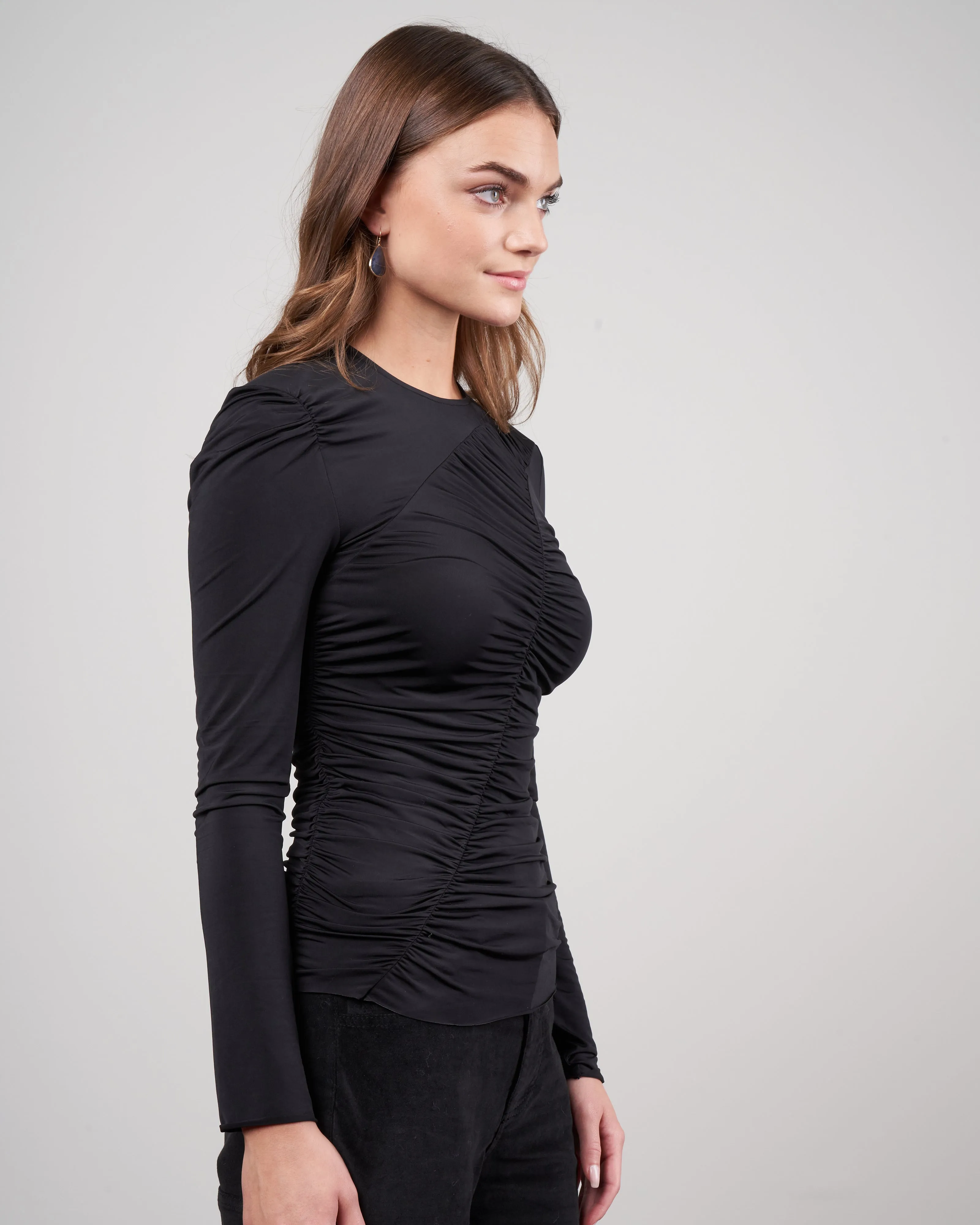 ruched jersey crewneck top - black