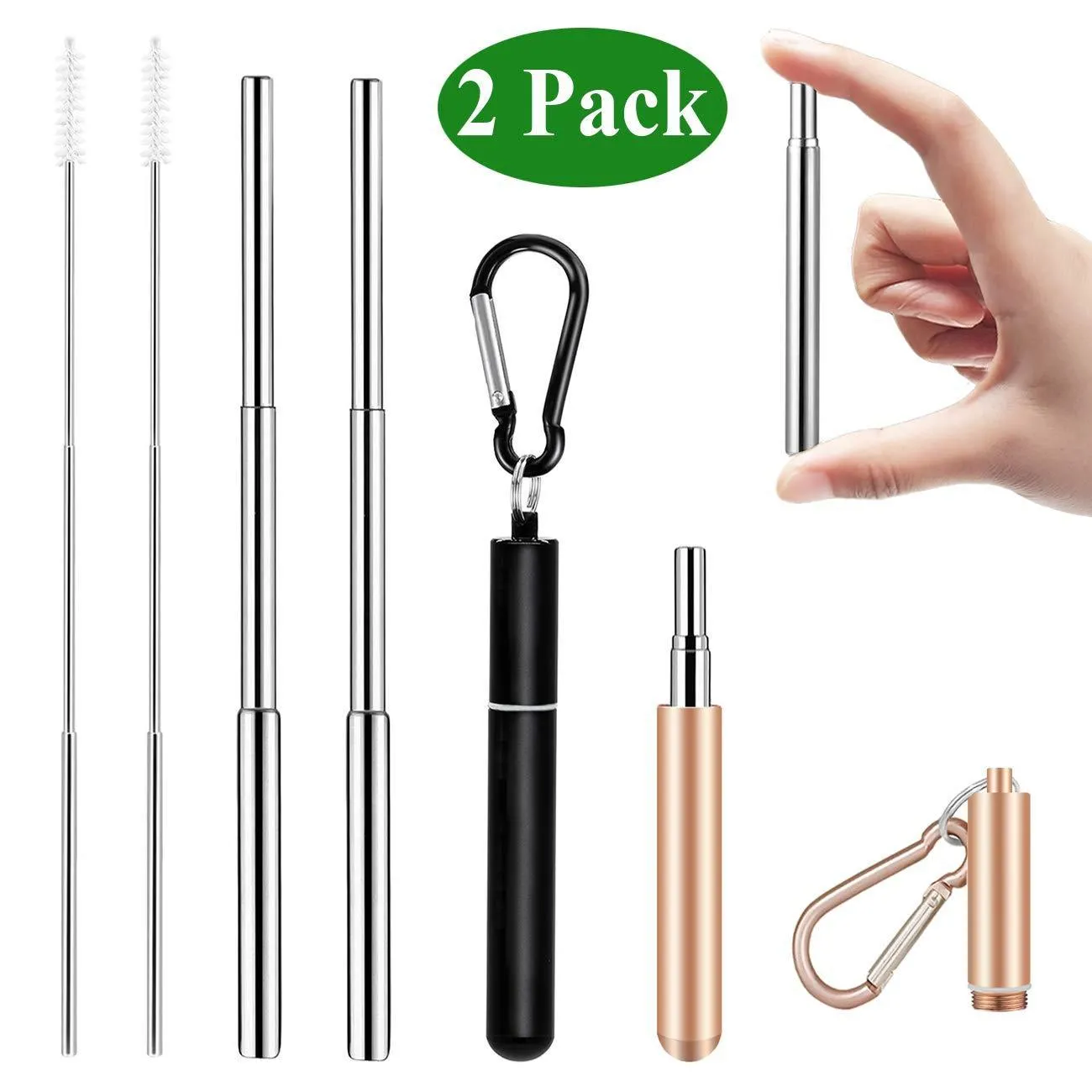 Senneny Telescopic Reusable Drinking Straws - Stainless Steel Metal Straws Premium Food-Grade Folding Drinking Straws Keychain Portable Set with Aluminum Case & Cleaning Brush (Rose Gold & Black)