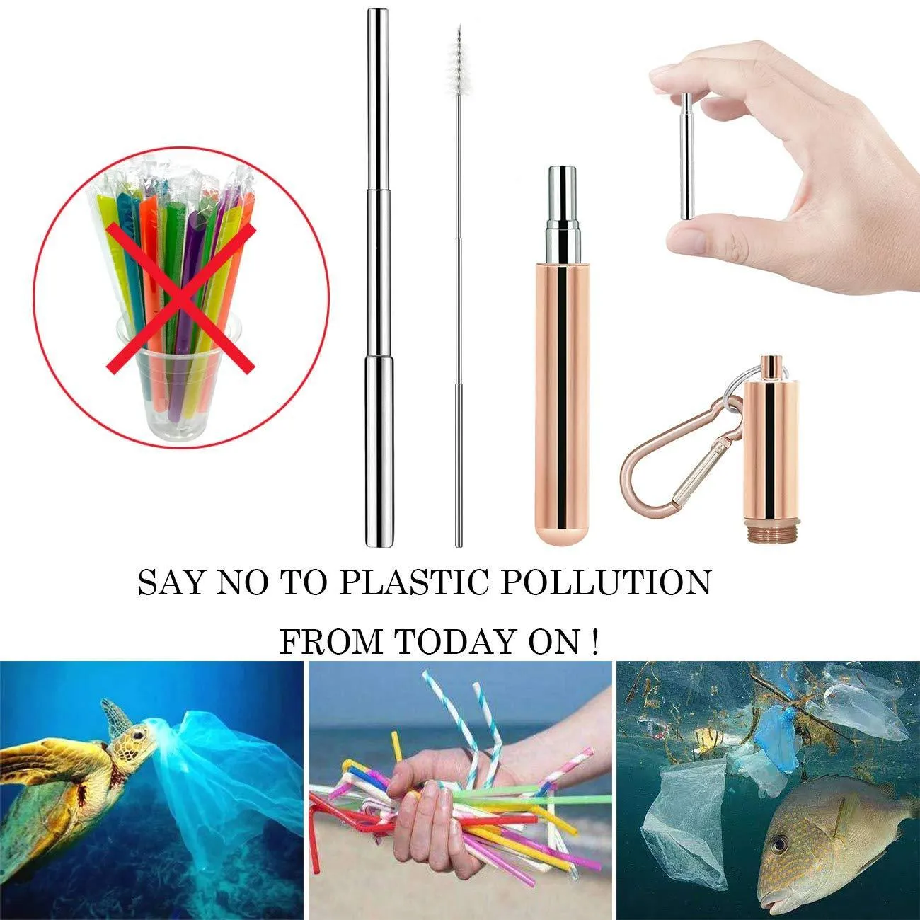 Senneny Telescopic Reusable Drinking Straws - Stainless Steel Metal Straws Premium Food-Grade Folding Drinking Straws Keychain Portable Set with Aluminum Case & Cleaning Brush (Rose Gold & Black)