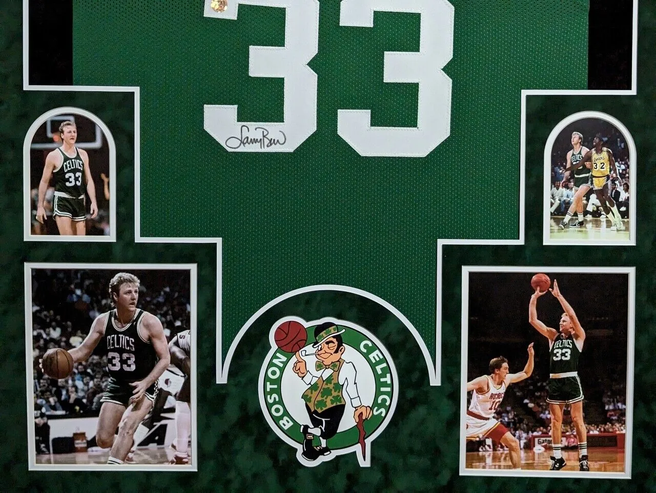 SUEDE FRAMED BOSTON CELTICS LARRY BIRD AUTOGRAPHED SIGNED JERSEY LARRY BIRD HOLO