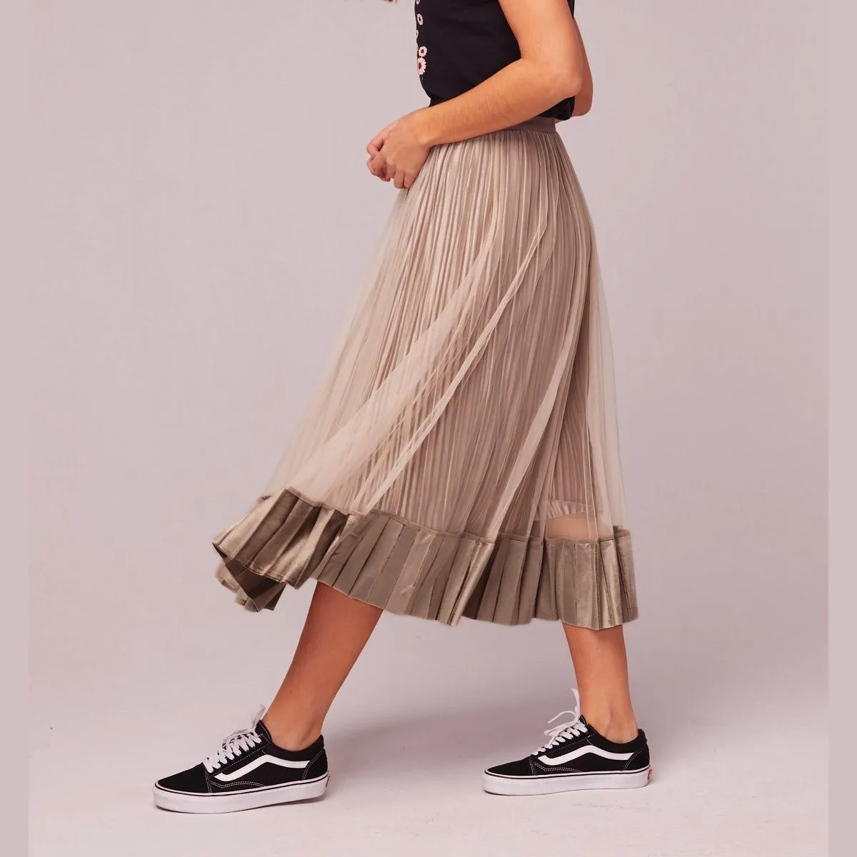 Tiny Dancer Taupe Velvet Pleated Midi Skirt