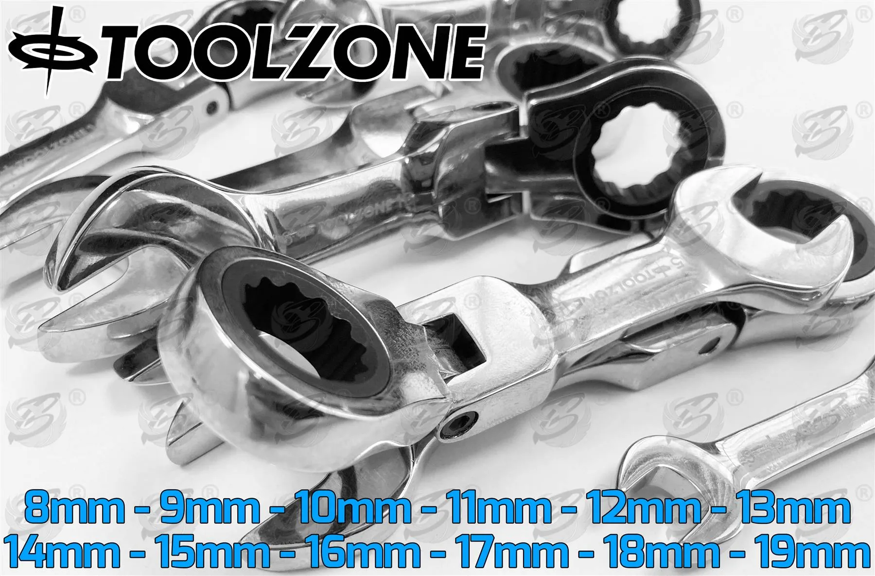 TOOLZONE 12PCS COMBINATION STUBBY FLEXIBLE RATCHET SPANNER SET 8MM - 19MM