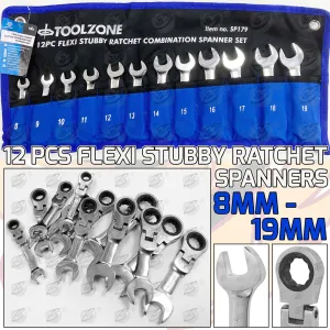 TOOLZONE 12PCS COMBINATION STUBBY FLEXIBLE RATCHET SPANNER SET 8MM - 19MM