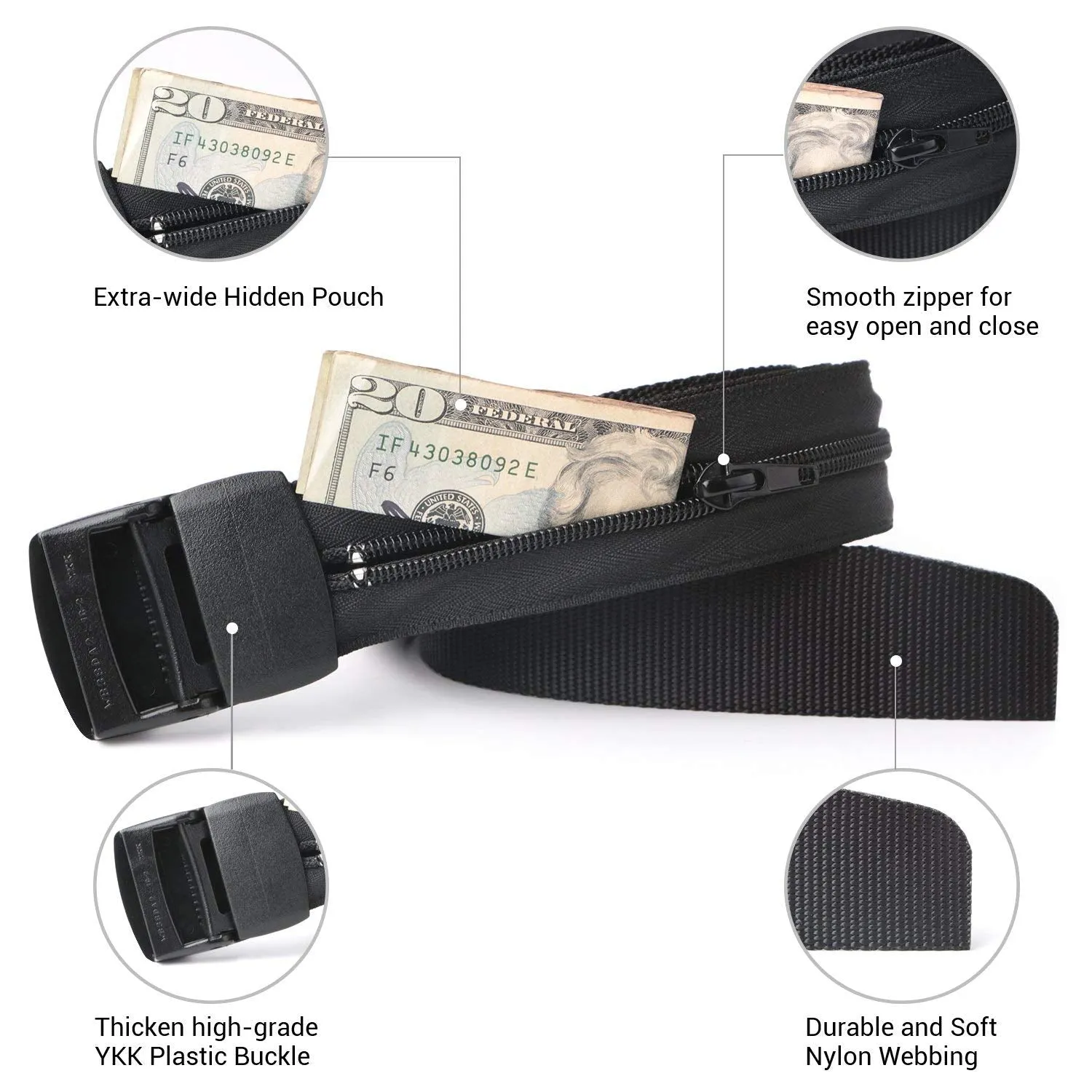 Travel Security Money Belt with Hidden Money Pocket - Cashsafe Anti-Theft Pocket Unisex Nickel free Nylon Belt by JASGOOD