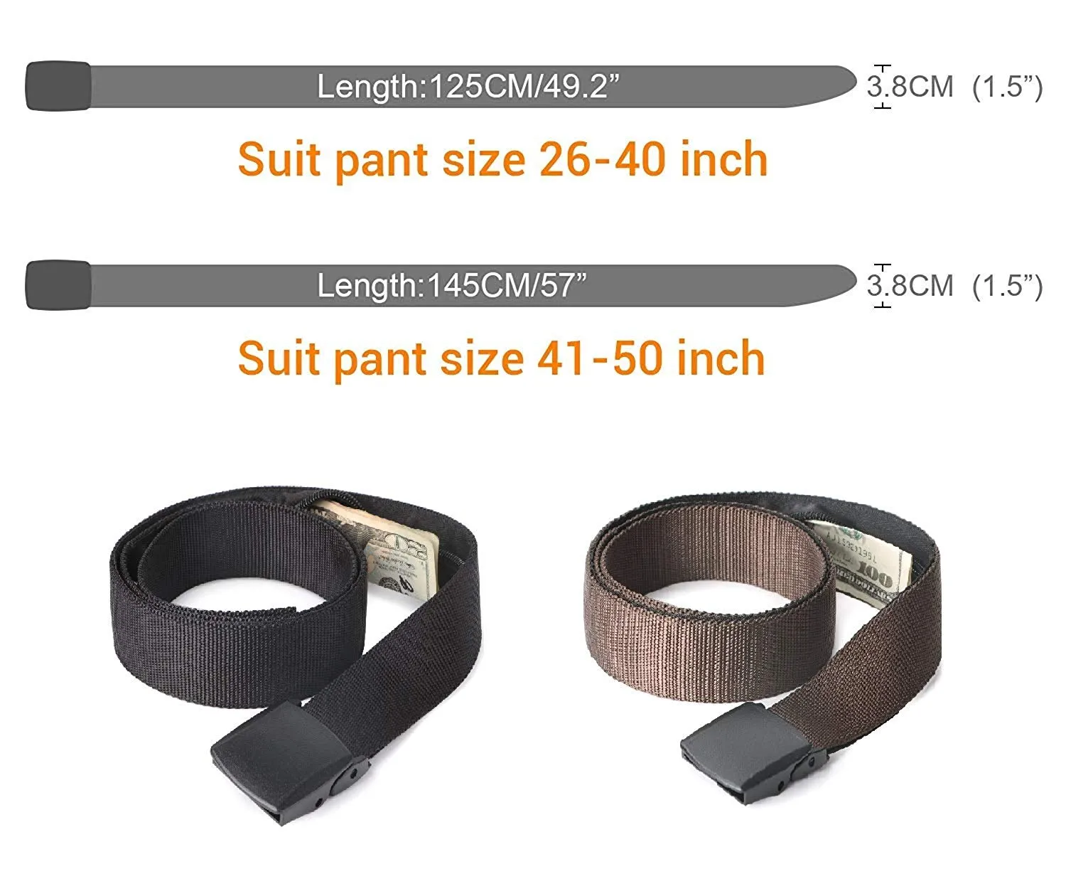 Travel Security Money Belt with Hidden Money Pocket - Cashsafe Anti-Theft Pocket Unisex Nickel free Nylon Belt by JASGOOD